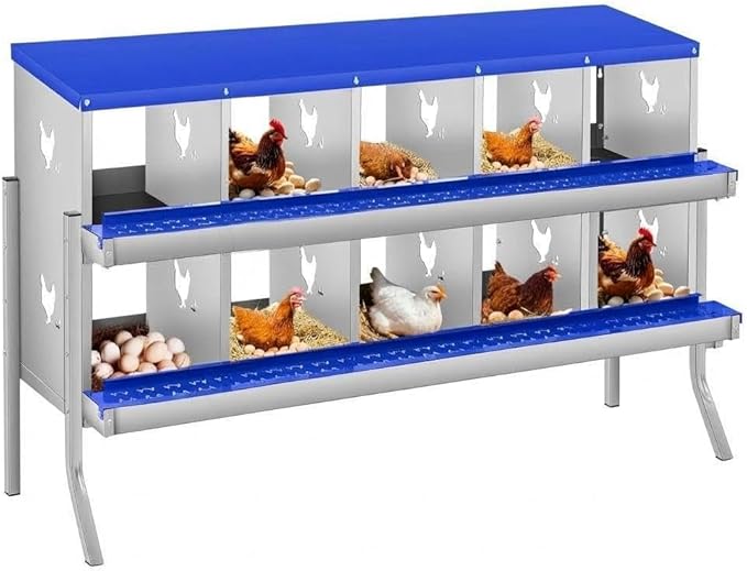 Two-Tier Removable Tray Design - Chicken Nesting Box for Small Animals - 10 Compartments, Galvanized Steel, Large Vented Holes, Wall Mount or Freestanding, Easy Clean - Blue, 10 Compartments ZW