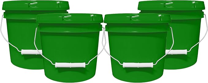 1-Gallon Bucket with Airtight Lid – Made in USA, Food Grade BPA Free Plastic, Heavy Duty Multi-Use, Metal Handle with Grip, Stackable Storage – Green, 4 Pack
