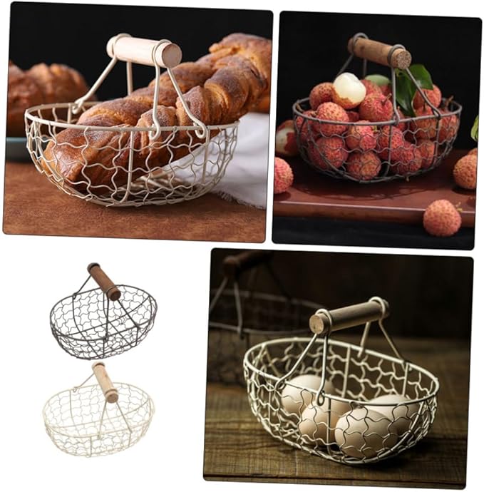 DOITOOL 2pcs Decorative Wire Storage Baskets with Wooden Handles Vintage-style Egg and Fruit Organizer for Kitchen Countertop and Dining Table Compact and Practical Snack Containers
