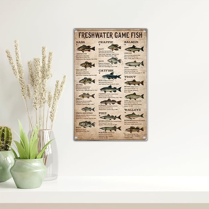 Freshwater Game Fish Chart Metal Sign Vintage Educational Wall Decor For Fishing Enthusiasts Anglers Man Cave Lake House Cabin Garage 8 x 12 Inch Home Indoor