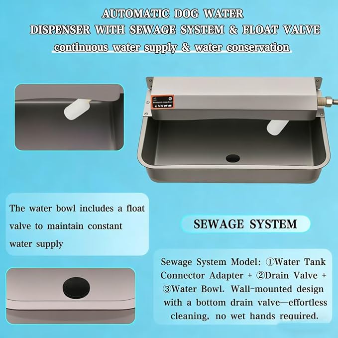 Automatic Dog Water Dispenser with Drain Hole, 304 Stainless Steel Auto Water Dog Bowl with Float Valve, Hose Quick Connect Fitting, Automatic Livestock Waterer for Horse, Chicken (2 Gallon)