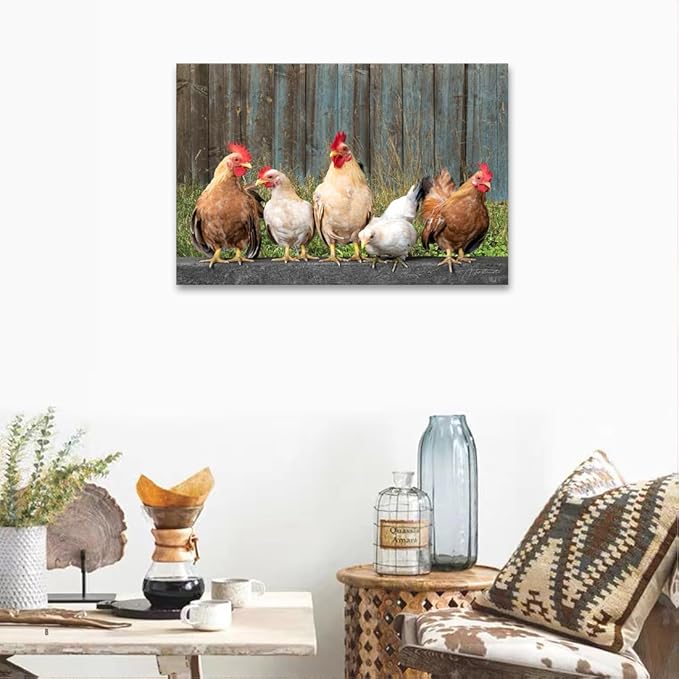 Woxfcart Kitchen Chicken Decor Wall Art, Farmhouse Rustic Barn Animal Canvas Pictures with Wood Background for Bathroom Bedroom, 36 x 24 Inch