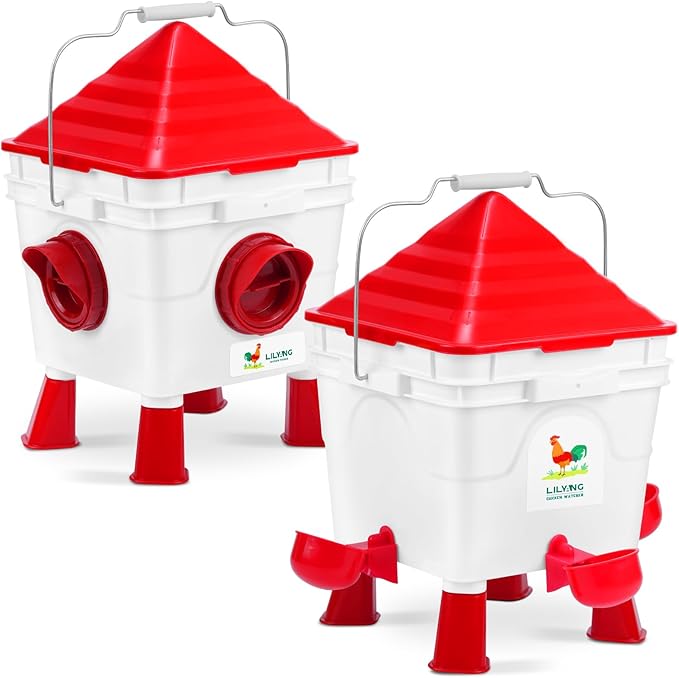 Lilyang Standing Chicken Feeders and Chicken Waterers, 2.5 Gallon Chicken Water Feeder with 4 Cups, 13.5 lb Automatic Chicken Feeder No Waste, for 8-10 Adult Chickens or 10-15 Quails (Standing)