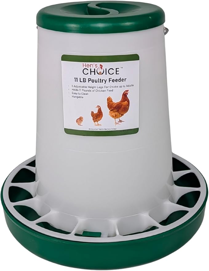 Hen's Choice 11 LB Poultry Feeder, Twist Lock Base, Adjustable Legs, Hangable with Lid (Green)