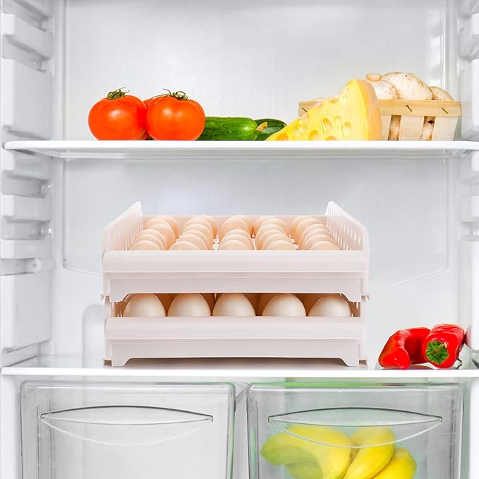 DEAYOU 60 Egg Drawer for Refrigerator, 2-Layer Stackable Egg Holder Storage Container for Countertop, Large Capacity Plastic Fresh Egg Tray Dispenser Organizer Keeper with Handle for Kitchen