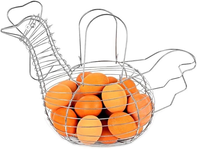 Chicken Shaped Egg Collection Basket - Wire Farmhouse Style Storage, Chrome Egg Holder for Kitchen Organization