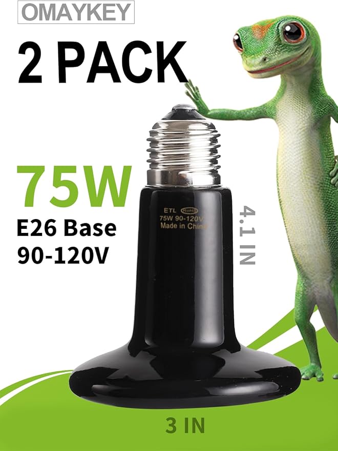 OMAYKEY 2-Pack 75W Ceramic Heat Lamp with 1-pcs Digital-Thermometer, Infrared Heat Emitter Bulbs for Reptiles, Amphibians, Chicken Brooder Coop Lizard Turtle Snake Aquarium, No Light No Harm