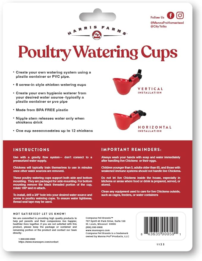 Harris Farms Chicken Water Cups, Gravity-Fed Poultry Drinkers for Up to 12 Chickens, Automatic Hydration for Hens, Easy-Install, Durable Farm Supply for Healthy Flocks and Clean Hydration, 6 Cups