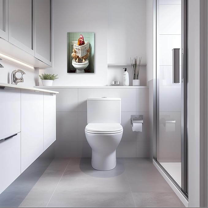 AWPANERAR Rooster Bathroom Wall Art Funny Chicken on Toilet Painting Rustic Farmhouse Animals Reading Newspaper Picture for Restroom Decor Framed (24L x 16W)