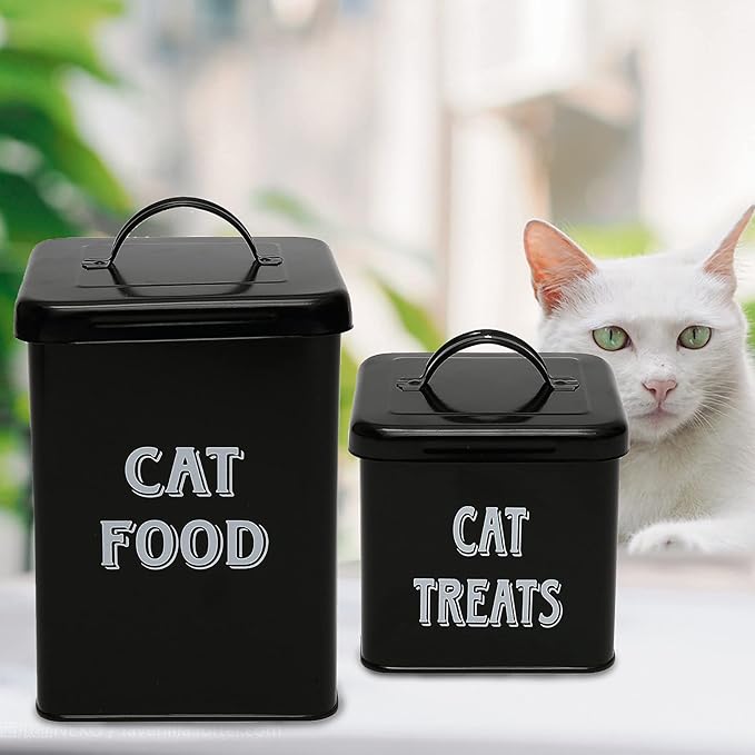 Morezi Cat Food Storage Container Farmhouse Pet Food Treats holder with Lid and Scoop, Perfect Sturdy Canister Tins for Kitchen Countertop, Shelf, Great Gift for Pet Owners - Cat Food - Black