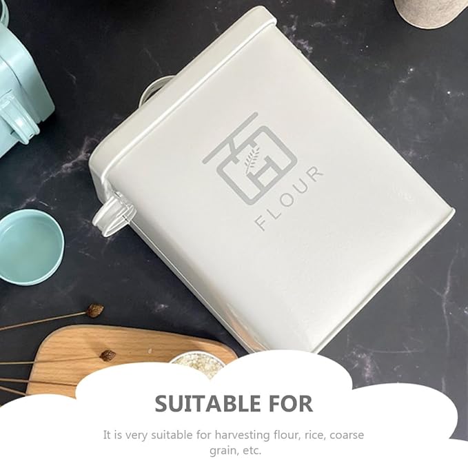 TOYANDONA Iron Flour Storage Bucket and Household Rice Container, Airtight Vintage White Metal Food Storage Bin for Kitchen Pantry Organization, Moisture-proof Multi-function Rice and Flour