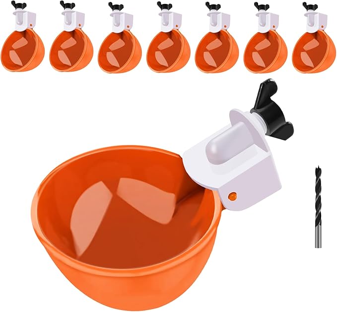 Chicken Waterer Cups, 8 Packs Orange Large Chicken Watering Cups, Automatic Chicken Water Cups, Tee Fittings Poultry Feeder Cups Suitable for Chicken, Duck, Goose, Turkey with Mounting Hole Opener