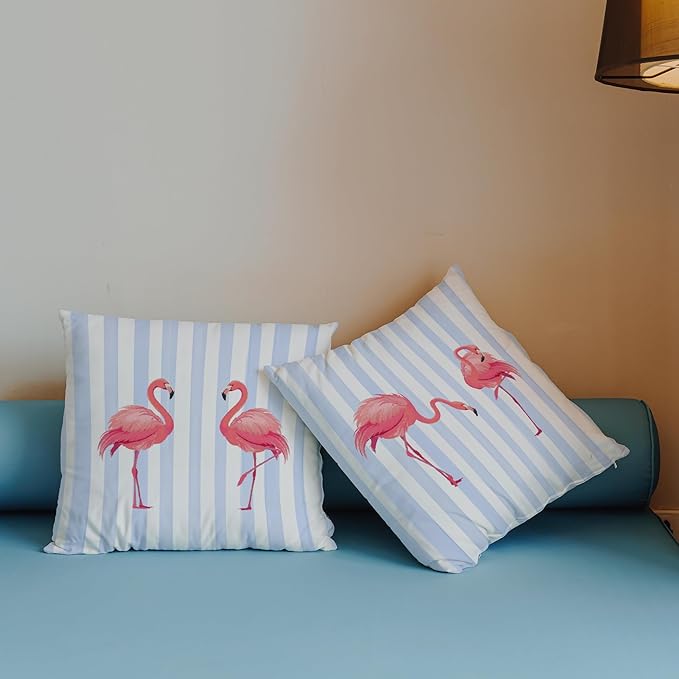 Flamingo Pillow Covers for Women 18x18 Set of 2, Blue and White Striped Throw Pillow Cases for Home Bedroom Living Room Decor, Gifts for Bird Lovers Decorative