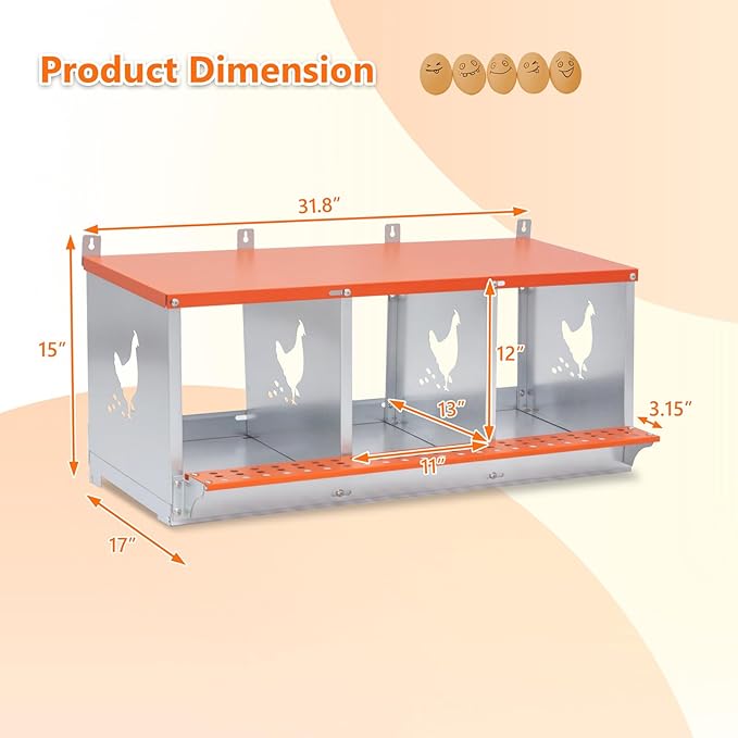 Chicken Nesting Box for Laying Eggs - 3 Room Chicken Laying Boxes, Nesting Boxes for Chickens, Heavy Duty Metal Chicken Coop (31.8" L x 17" W x 15" H)