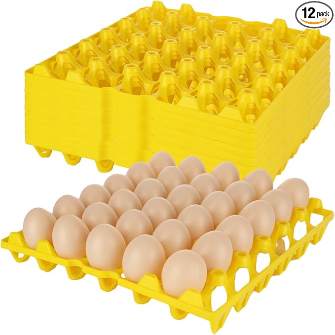 12 PCS Plastic Egg Tray Egg Crates for Fresh Eggs 30-Egg Flats for Chicken Home Farmers Stackable Egg Cartons for Storing Sorting and Shipping Eggs, Yellow