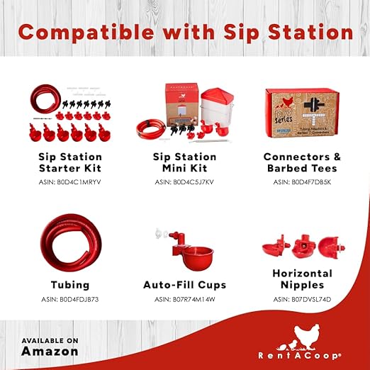 RentACoop DIY Sip Station Watering System Mini Kit; Includes Tubing, Brass Nozzles, Metal Auto-Fill Cups, Tubing Adaptors, T-Connectors, and 64oz Bottle; Great for Chickens, Quail and Other Poultry