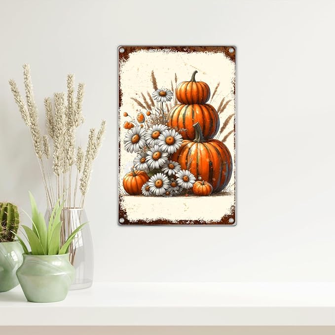 Vintage Pumpkin And Daisy Metal Tin Sign Rustic Fall Harvest Wall Art Farmhouse Autumn Decor For Home Kitchen Or Garden 8 x 12 Inch Outdoor Indoor Aluminum