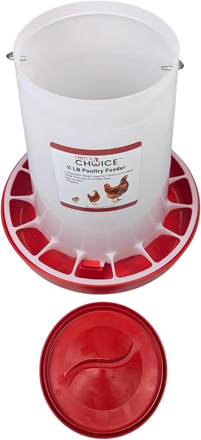 Hen's Choice 11 LB Poultry Feeder, Twist Lock Base, Adjustable Legs, Hangable with Lid (Red)