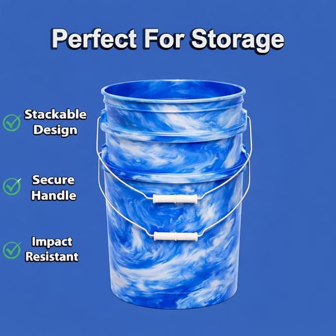 5-Gallon Bucket with Airtight Lid – Made in USA, Food Grade BPA Free Plastic, Heavy Duty Multi-Use, Metal Handle with Grip, Stackable Storage – Mystery Swirl, 6 Pack