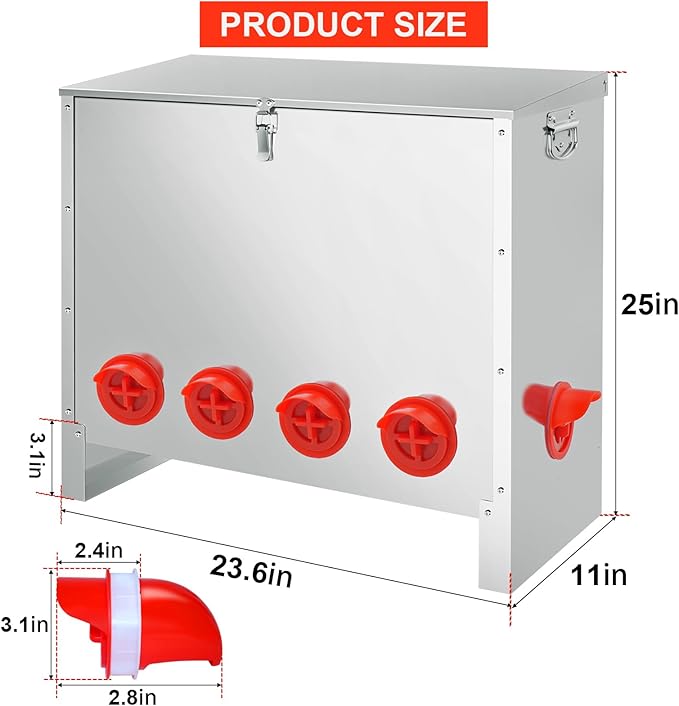 RYFT 85-120Lbs Chicken Feeder No Waste, 10-Port Automatic Large Galvanized Metal Fed Chicken with Latch & Handle for Chickens, Pheasants, Bantams Poultry Coop Weatherproof Chicken Feeder