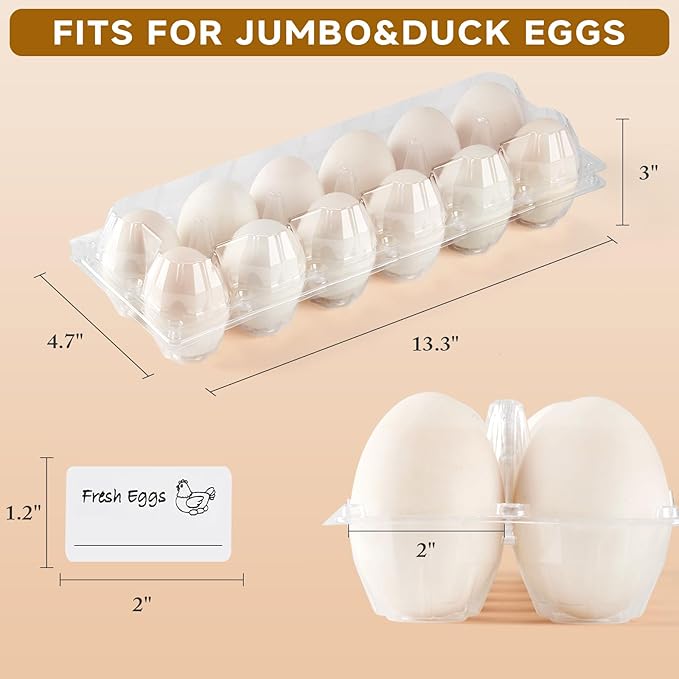 60 Pack Duck Egg Cartons Jumbo Egg Cartons Cheap Bulk with Sticker Labels Clear Empty Plastic Egg Containers Extra Large for Home Ranch Farm Commercial Market Display, 2×6 Grids