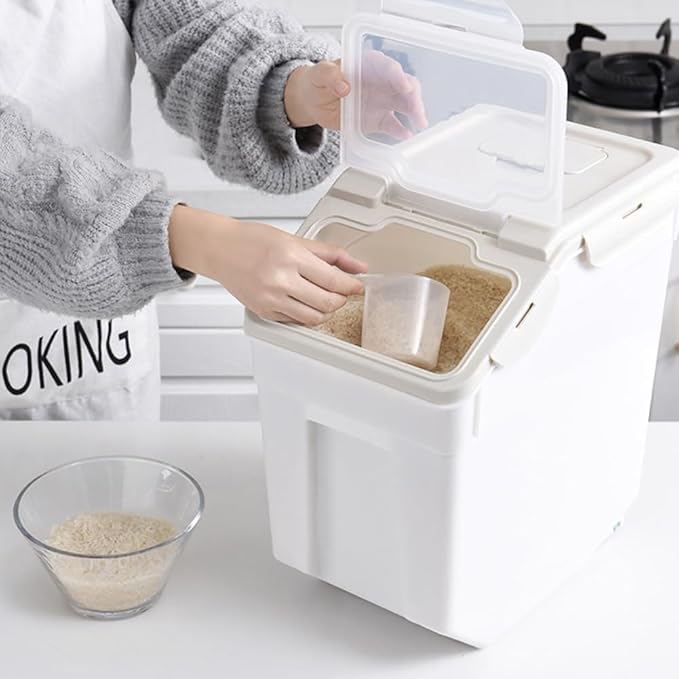 YXQ 25LB Large Flour Storage Container Bin,4 Pack Airtight Plastic with Wheels Seal Locking Lid Dispenser Organizer Storage Bin with Measuring Cup & Scoop for Flour, Rice, Grain 100LBS Total，Grey