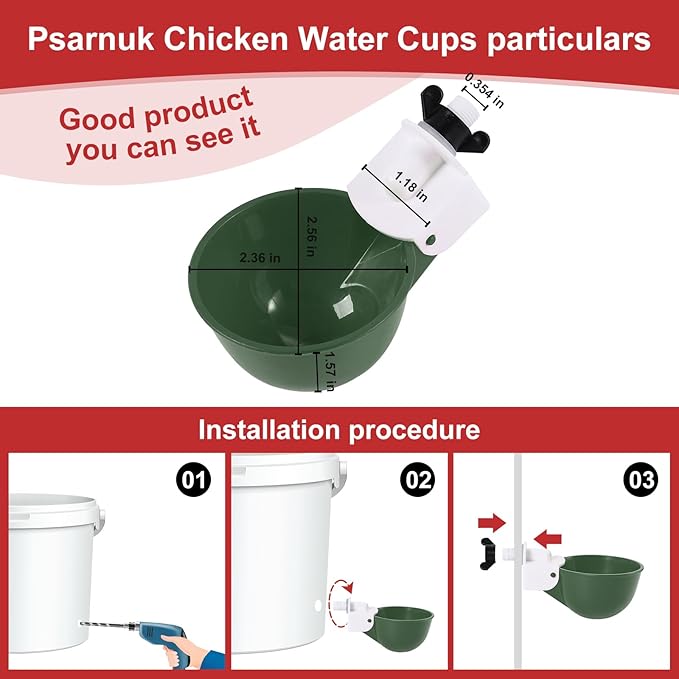 Chicken Waterer Cups (16 Pack/Green) - DIY Automatic Large Chicken Water Feeder for Ducks Quail and Various Poultry Dispenser with Matching Drill, Double Rubber Ring, Not Leaking Wate