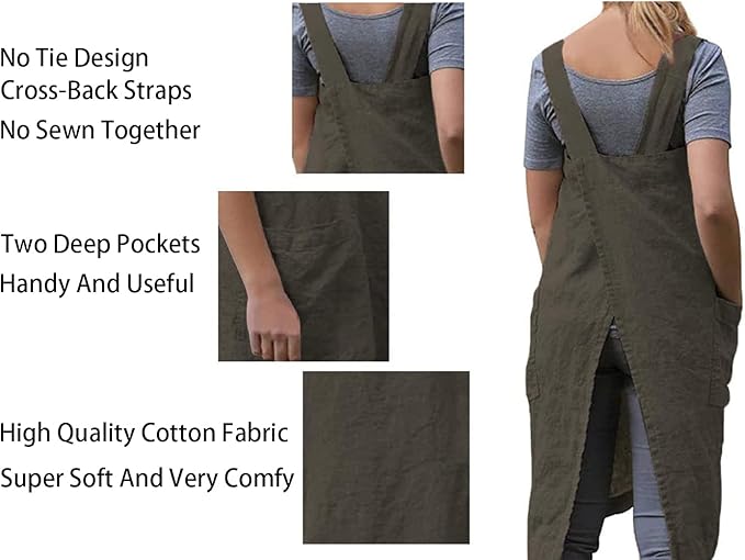 Women's Pinafore Apron Cross Back Apron with Pockets Cotton Linen Apron Dress Plus Size