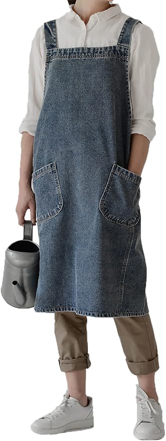 Cotton Denim Apron Soft - Unisex Adjustable Bib Apron with 5-Pockets Perfect for Kitchens