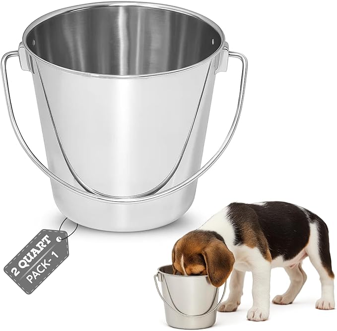 2 quart Heavy Duty Stainless Steel Round Bucket with Handle | 0.5 gal Sturdy Food & Water Bowl for Small Birds Dog Cat & Livestock | Fits kennel Crate Cage Farm | Hanging Utility Pet Pail