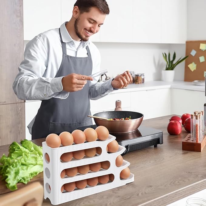 Sotfamily Egg Holder for Fridge, 4 Tiers Auto Rolling Egg Storage Organizer for Refrigerator, Slim Space Saving Container, Dispenser - Egg Roller for Eggs 24 Count