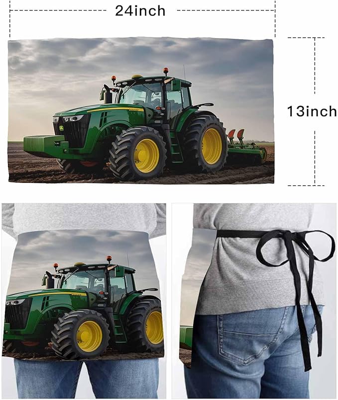 Farm Tractor Aprons for Women Men with 3 Pockets, Green Truck Country Rustic Field Harvester Waterproof Server Aprons Half Waitress Apron for Holiday