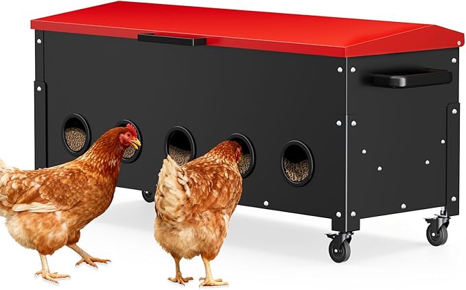 Large Capacity Chicken Feeder, 120lbs Automatic Poultry Feeder with Wheels, Galvanized Steel Metal, Weatherproof Lid & 10 Feeding Ports Design for Hens, Ducks, Geese, No Waste Outdoor Feeder