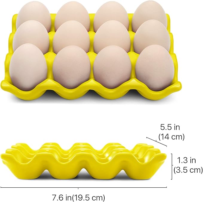 Flexzion Yellow Ceramic Egg Tray - Dozen Egg Cup Holders, Elegant Design, Microwave and Dishwasher Safe