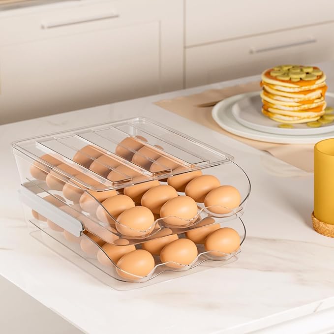 Egg Holder for Fridge 16 Capacity Automatic Rolling Egg Organizer for Refrigerator, Clear Stackable Container for Kitchen or Pantry Storage 1 Pack