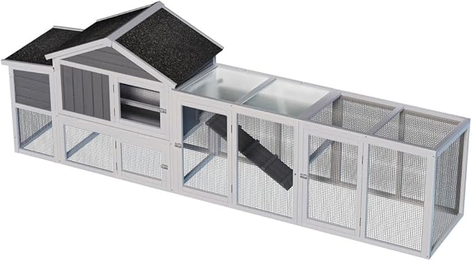 Large Wooden Chicken Coop for Outdoor Use with Run, Waterproof Roof, Anti-UV Protection, Removable Tray, and Nesting Box for 2-4 Hens (Gray + Wood)
