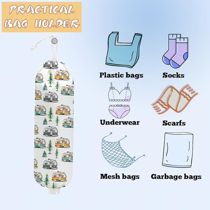 2PCS Camping Plastic Bag Holder, Wall Mount Grocery Bag Holder for Storage bag, Camper Accessories for Inside Storage Organizer Reusable Grocery Bags, Pull Rope Free Adjustment, Gifts for Women Mom