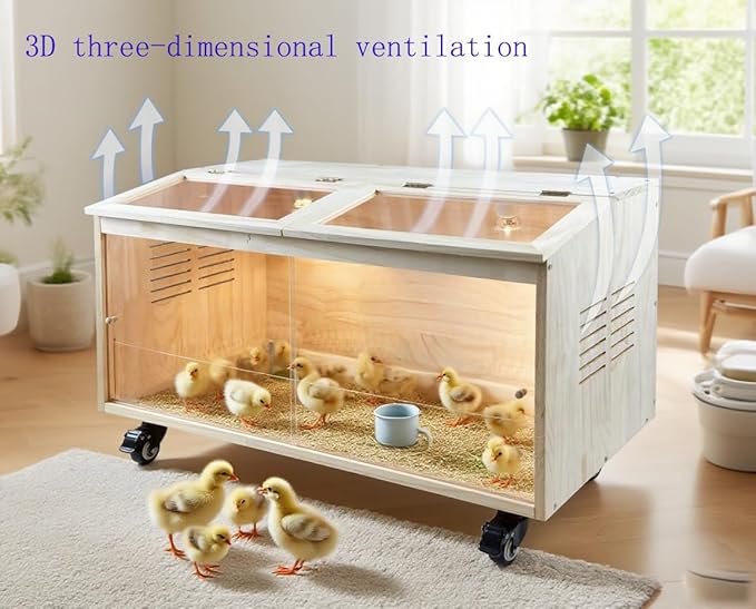 Brooder Box for Chicks Pine Wood Chicken brooder Box with Thermostat & Heating Lamp & Brake Casters，Solid Panels Chick brooder for Chicks, Ducklings, Hamsters, Guinea Pigs - Chew-Proof (40x20x20 in)