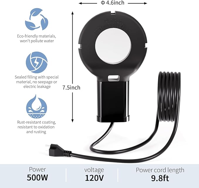 500 Watt Bird Bath De-Icer with Thermostat, Cast Aluminum Submersible Chicken Water Heater, Heated Bird Bath, Power Cord 9.8 Ft