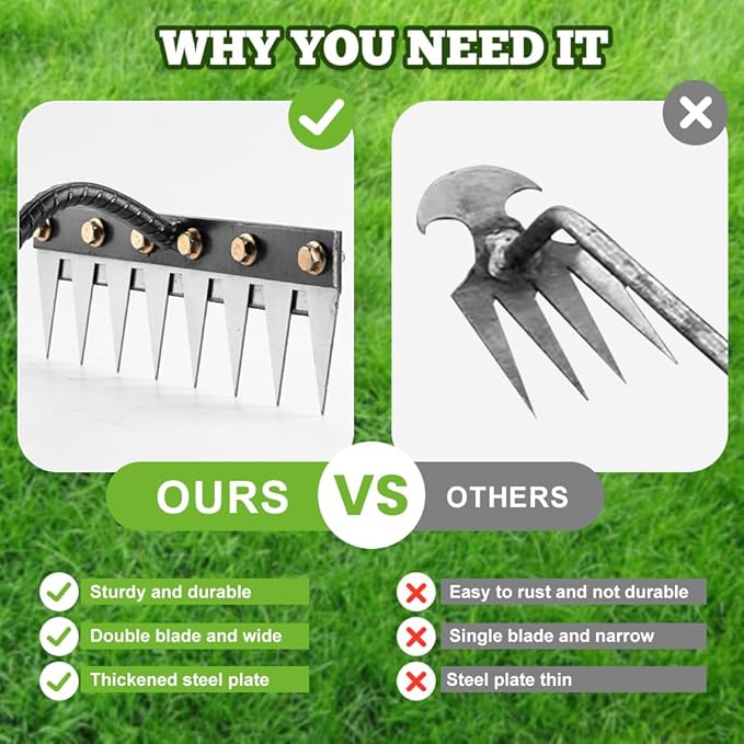 Detachable Gardening Hand Weeder Tool, Upgrade Garden Manganese Steel Weeding Rake Weed Puller Tool, Manual Weeder Claw Remover Tool Long Handle Weed Puller Tool for Farm Backyard (6 Tines)
