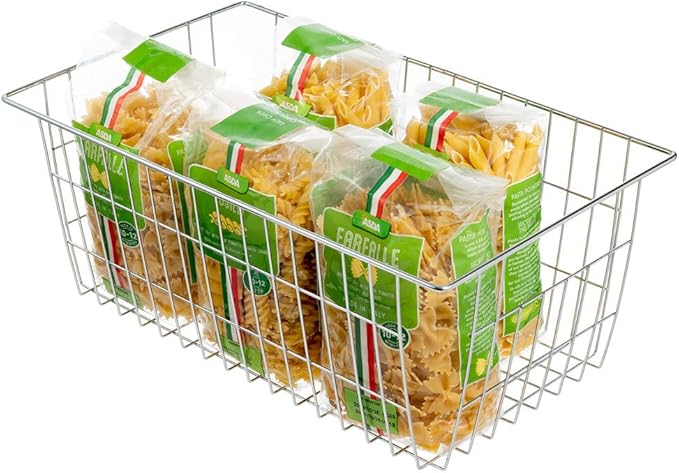 SANNO Farmhouse Freezer Bastets Organizer Bin Large Metal Wire Food Storage Organizer Bin Basket - for Kitchen Cabinets, Pantry, Bathroom, Laundry Room, Closets, Garage - Chrome, 3 pack