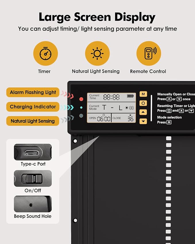 Automatic Chicken Coop Door Solar Powered,Aluminum Alloy Auto Door, Timer & Light Sensor, LCD Display, Remote Control, Anti-Pinch & Weatherproof Design, 4 Working Modes,Vertical Sliding Door