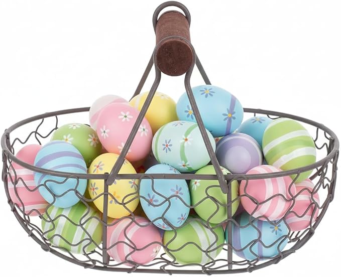 DOITOOL Egg Basket for Fresh Eggs with Wooden Handle Vintage Style Kitchen Storage Basket for Fruit Bread and Countertop Organization 4.68 Inch Compact Size