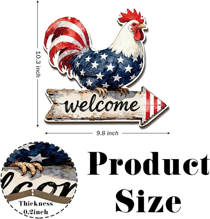 Independence Day Decor, American Flag Rooster Welcome Signs, Hanging Wood Sign Home Decorative, Printed Wood Wall Art Signs, Welcome Sign for Front Door, Farmhouse Porch Decor, 10x9.8 Inches