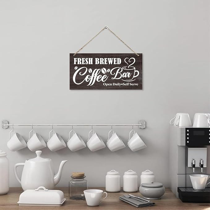Coffee Wooden Hanging Decor Sign, Fresh Brewed Coffee Bar Open Daily Self Serve, Vintage Kitchen Decor, Rustic Farmhouse Cafe Pub Home Bar Decoration 12 x 6 Inches
