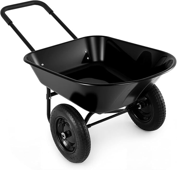 IRONMAX Dual-Wheel Wheelbarrow, Heavy Duty Wheel Barrel with All-Terrain Wheels, 330 LBS Utility Yard Cart with Built-in Stand, Outdoor Gardening Carts for Lawn, Farm, Planting (Black)