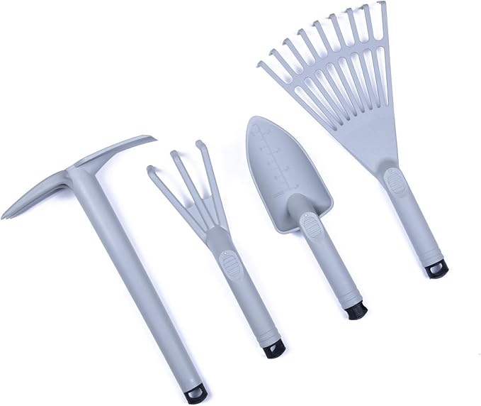 Mintra Garden Tool Set, 4 Piece Heavy Duty Gardening Tools Including Cultivator, Trowel, Shovel & Rake, Durable Poly Material & Non-Slip Handle, Garden Hand Tools Set for Gardening Gift, Gray