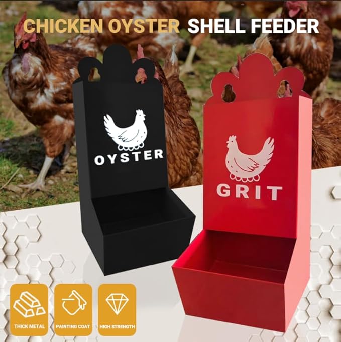 Chicken Oyster Shell Feeder and Grit Feeder Metal Chicken Feeder Chicken coop Accessories Automatic Chicken Feeder (Black & Red)