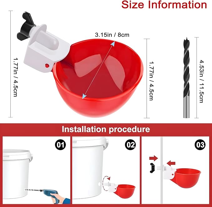 20 Pack Chicken Waterer Cups 3/8 Inch Large Automatic Chicken Water Feeder for Poultry Water Feeder Kit Chick Waterer with Mounting Hole Opener, Suitable for Ducks, Turkeys, Etc
