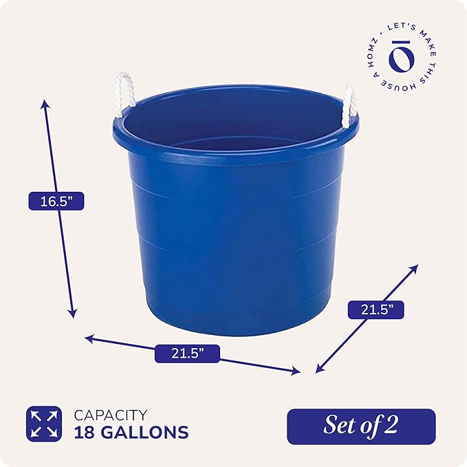 HOMZ 2-Pack Utility Tub, Large Plastic Storage Bucket with Rope Handles, 18 Gallon, Blue - Portable Indoor and Outdoor Buckets for Kitchen, Laundry, Garden, Bathroom, and Garage Organization